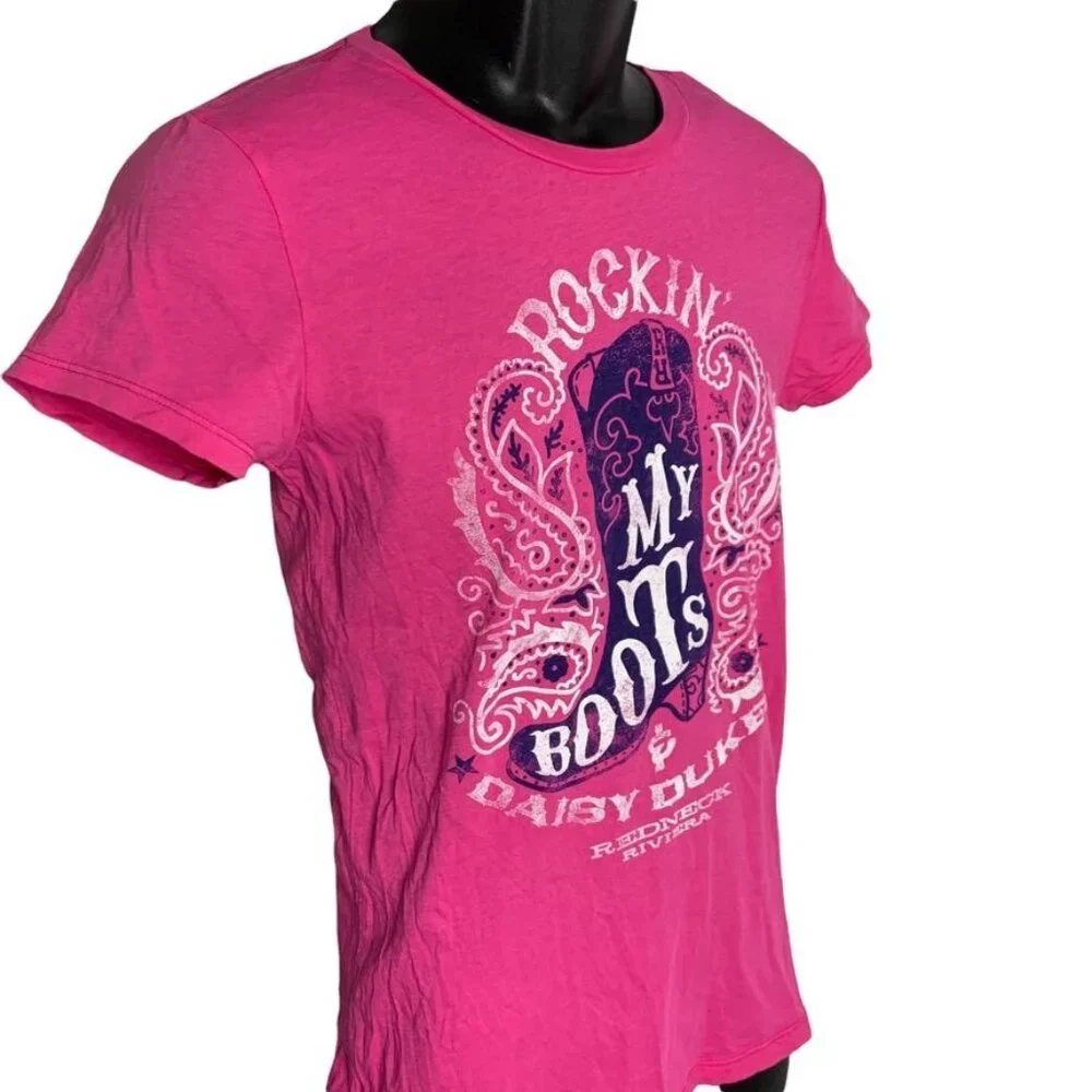 Womens Short Sleeve Rockin My Boots And Daisy Dukes Round Neck Sz XLG Pink